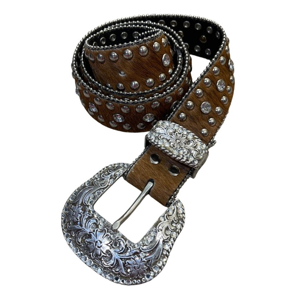 Nocona Brown Calf Hair Belt Studded Rhinestone Size S Small Silver Tone READ